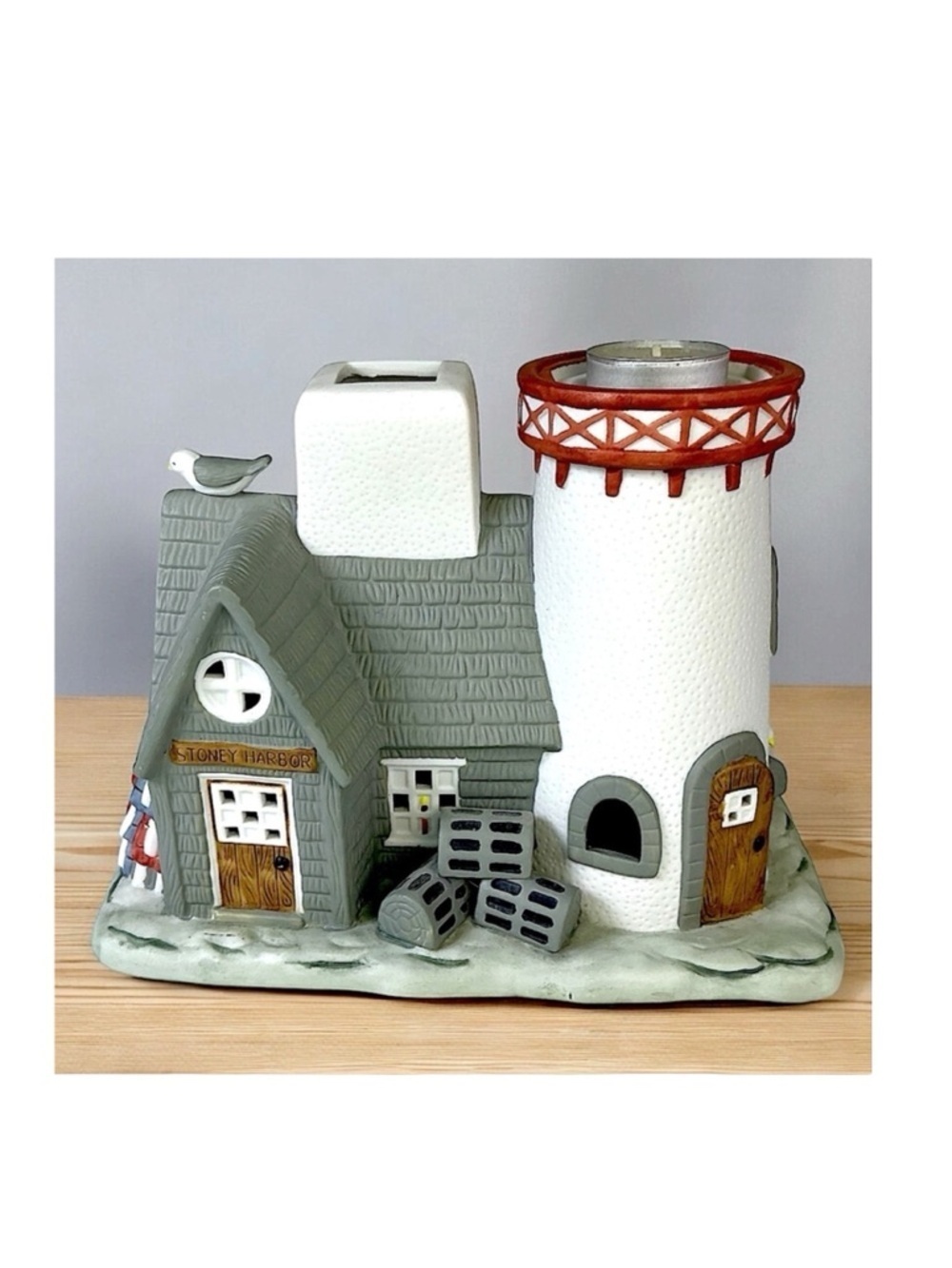 Lighthouse Vintage Stoney Harbor PartyLite Double Candle Holder Collectible Grey
